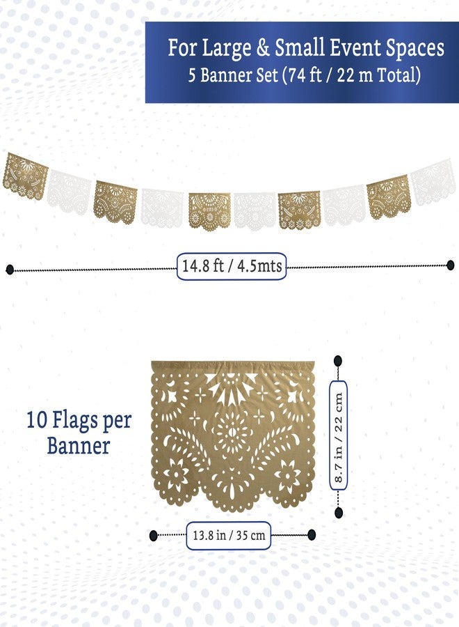 FIESTA WRAPS White and Gold Papel Picado Banner (5 Pack - 10 Tissue Paper Flag Designs per Banner/Not Plastic) - White Mexican Banners for Parties and Weddings - Mexican Themed Party Decorations - Image 2