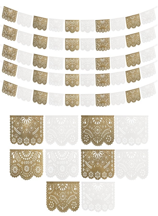 FIESTA WRAPS White and Gold Papel Picado Banner (5 Pack - 10 Tissue Paper Flag Designs per Banner/Not Plastic) - White Mexican Banners for Parties and Weddings - Mexican Themed Party Decorations - Image 1