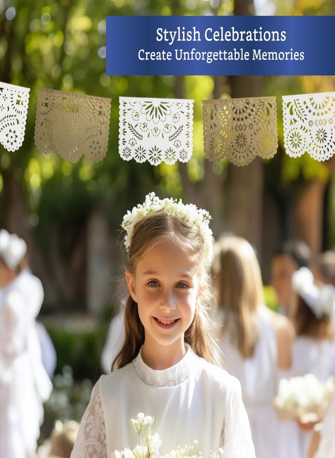 FIESTA WRAPS White and Gold Papel Picado Banner (5 Pack - 10 Tissue Paper Flag Designs per Banner/Not Plastic) - White Mexican Banners for Parties and Weddings - Mexican Themed Party Decorations - Image 5