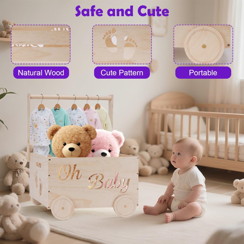 HMAZAE Baby Shower Gifts Baskets, Wooden Baby Closet Gifting for Newborn Boys and Girls, Wood Crate Box with Handle and Wheels, Personalized Cute Babyshower Decorations Basket for New Born - Image 4