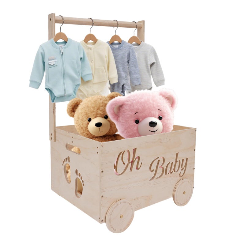 HMAZAE Baby Shower Gifts Baskets, Wooden Baby Closet Gifting for Newborn Boys and Girls, Wood Crate Box with Handle and Wheels, Personalized Cute Babyshower Decorations Basket for New Born - Image 1
