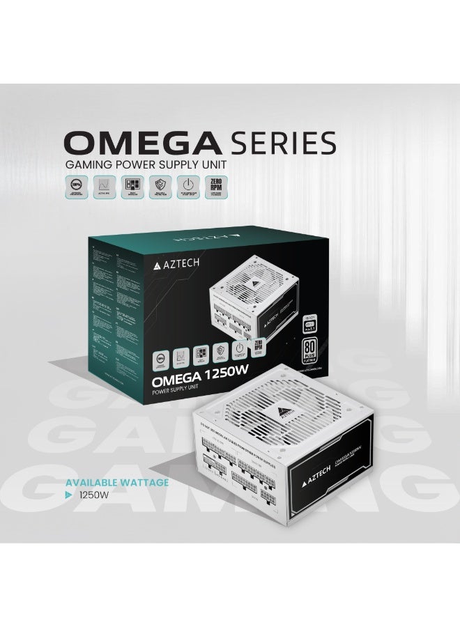 Aztech أوميغا 1250 واط 80 بلس ذهبية ATX 3.1 & PCIe 5.1 جاهز مزود طاقة كامل التعديل مروحة هجينة فائقة الهدوء 120 مم، مكثفات يابانية 100% 105 درجة مئوية، تحكم في الضوضاء صفر دورة في الدقيقة مزود طاقة RTX 40 و Ryzen و Intel - Image 1