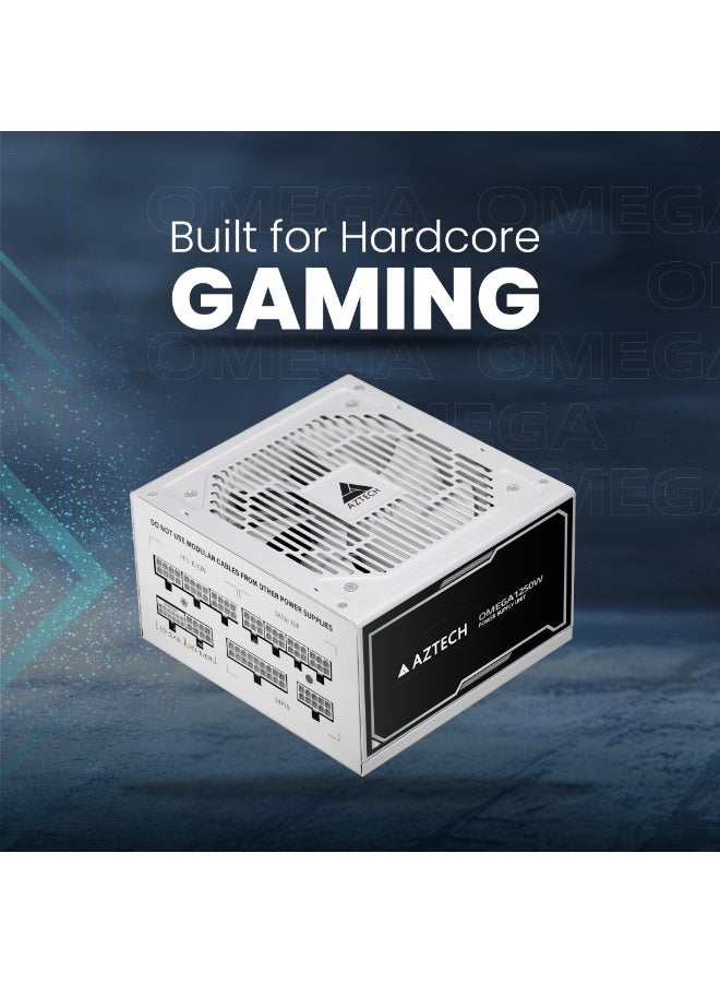 Aztech أوميغا 1250 واط 80 بلس ذهبية ATX 3.1 & PCIe 5.1 جاهز مزود طاقة كامل التعديل مروحة هجينة فائقة الهدوء 120 مم، مكثفات يابانية 100% 105 درجة مئوية، تحكم في الضوضاء صفر دورة في الدقيقة مزود طاقة RTX 40 و Ryzen و Intel - Image 2