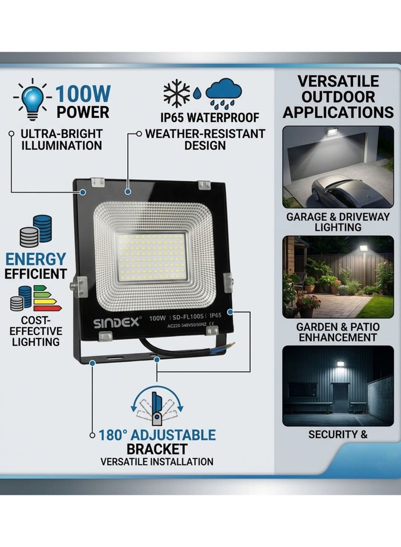 كشاف إضاءة LED عالي الطاقة بقدرة 100 واط - يعمل بجهد 220-240 فولت تيار متردد، إضاءة بيضاء نقية 6500 كلفن، كشاف إضاءة متوسط ​​المدى، مصنوع من الألومنيوم، موفر للطاقة، تصميم عصري، مقاوم للعوامل الجوية بمعيار IP65، عمر افتراضي يصل إلى 30000 ساعة - Image 2