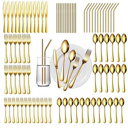 Gutuwellea 84 Pieces Gold Silverware Service for 12 Flatware Set Stainless Steel Utensils Cutlery Set Dishwasher Safe Flatware (Gold, 84) - Image 1