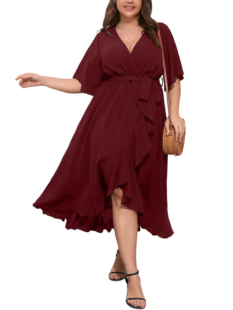 SCOMCHIC Women Plus Size Maxi Dress Short Sleeve Wrap V Neck High Low Split Ruffle Long Dress Burgundy - Image 1