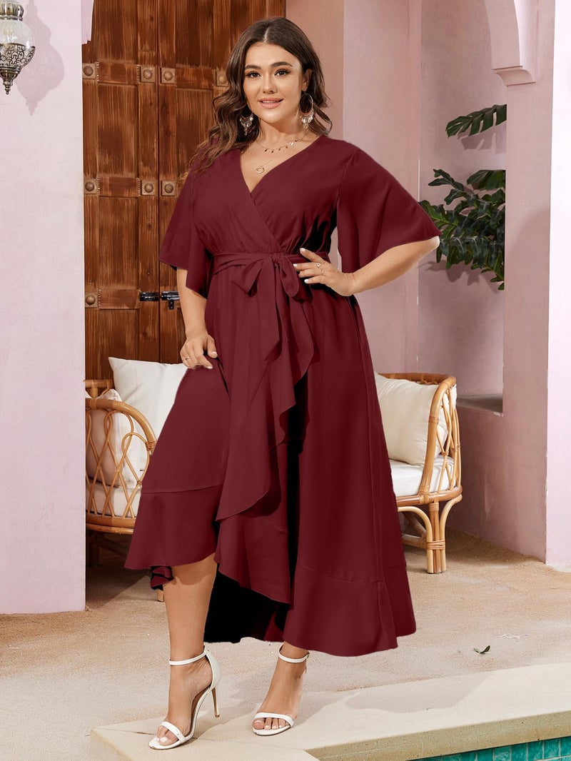 SCOMCHIC Women Plus Size Maxi Dress Short Sleeve Wrap V Neck High Low Split Ruffle Long Dress Burgundy - Image 2