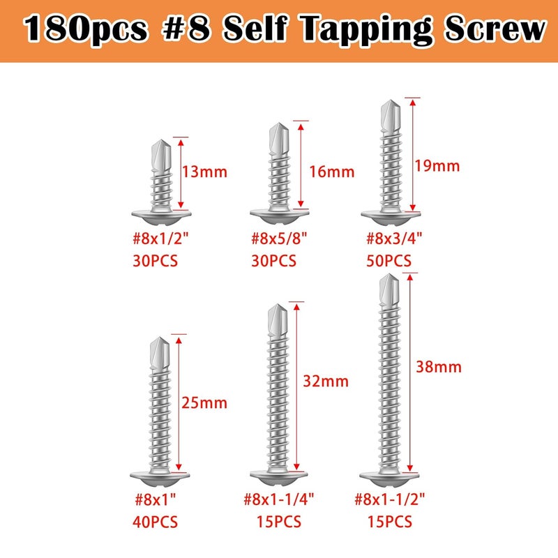 weideer 180pcs #8 Self Tapping Screws for Metal, Sheet Metal Screws, 410 Stainless Steel Truss Head Screws 1/2" 5/8" 3/4" 1" 1-1/4" 1-1/2" K-178-180P - Image 2