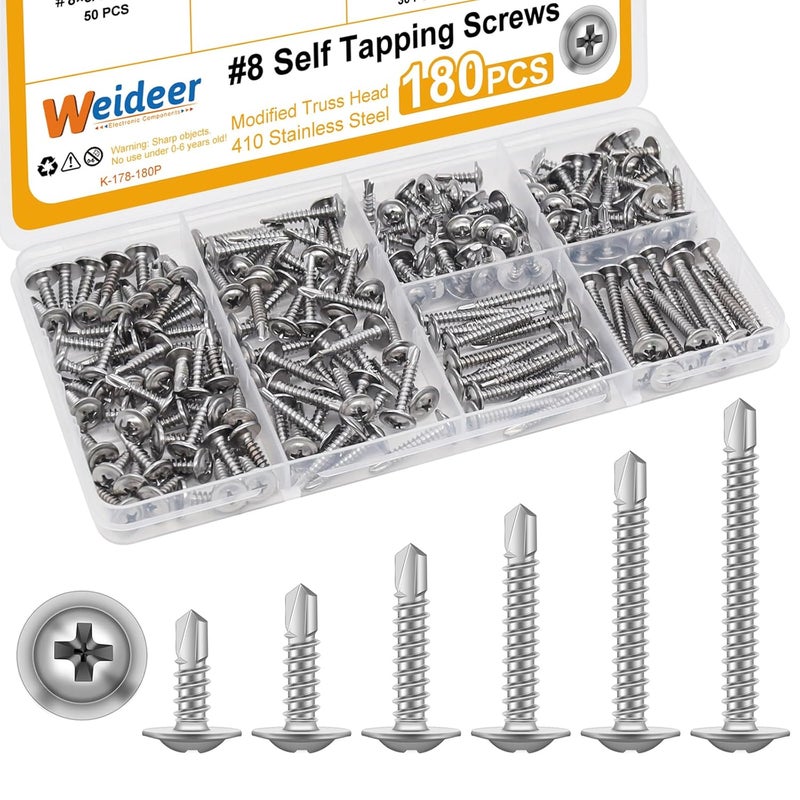 weideer 180pcs #8 Self Tapping Screws for Metal, Sheet Metal Screws, 410 Stainless Steel Truss Head Screws 1/2" 5/8" 3/4" 1" 1-1/4" 1-1/2" K-178-180P - Image 1