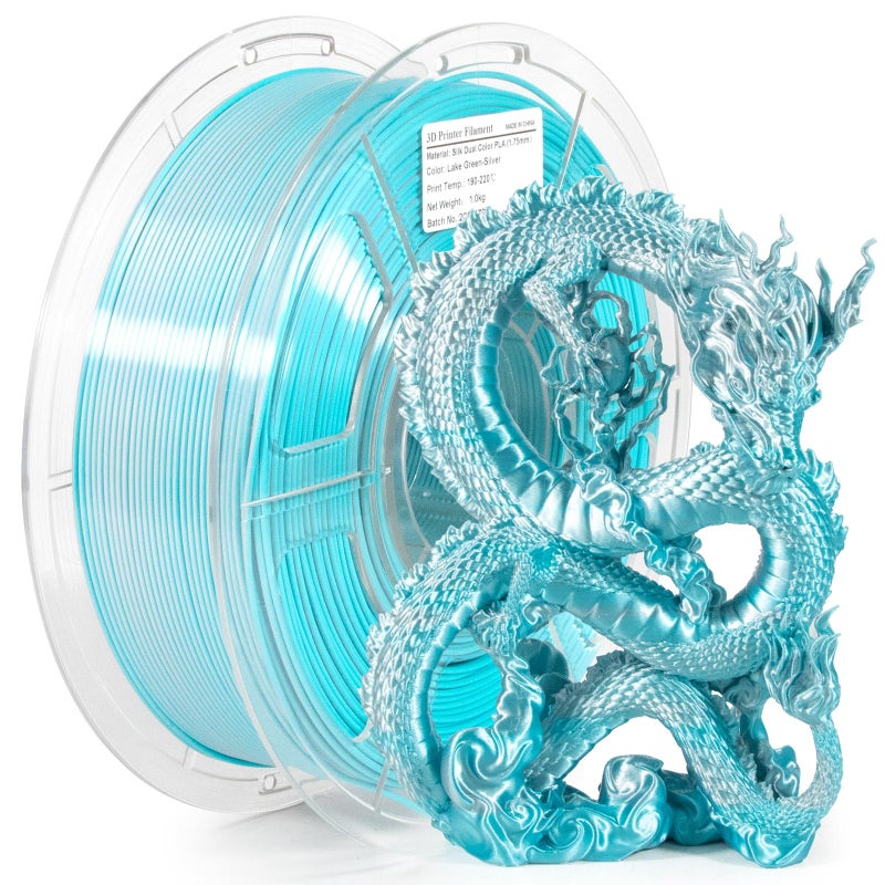 iSANMATE 3D Printer Filament, PLA Filament 1.75mm Dual Color Filament, Shiny Silk PLA Coextruded Filament, 1 kg/Spool (Lake Green and Silver) - Image 1