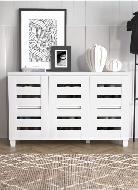 Shoe Storage Cabinet with Slatted Doors – White Color – 3-Door Design
