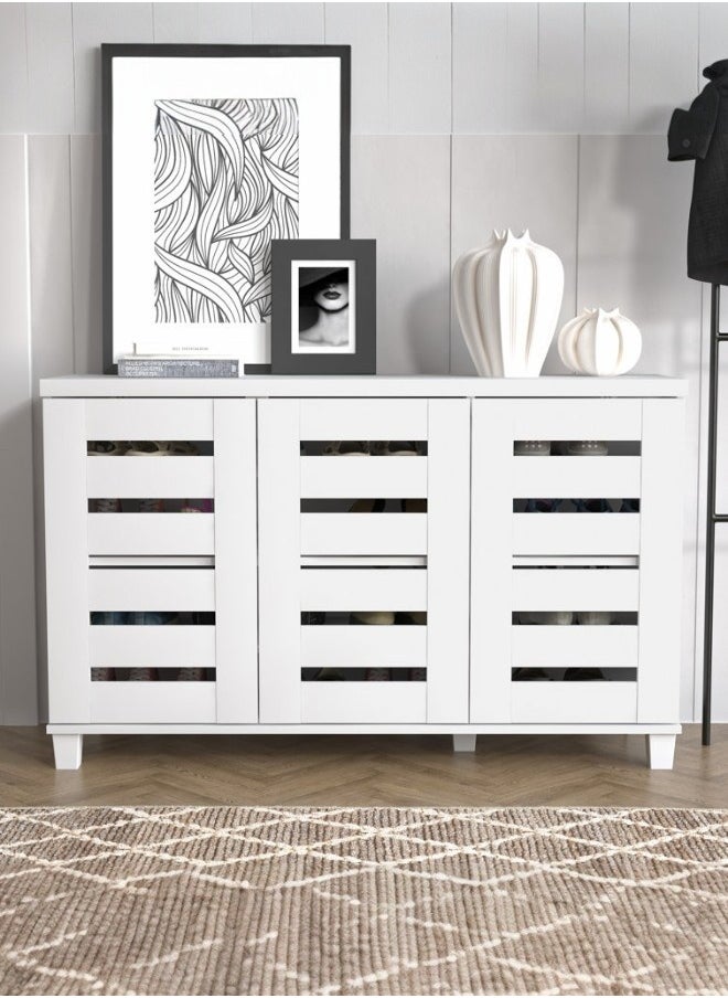 Shoe Storage Cabinet with Slatted Doors – White Color – 3-Door Design