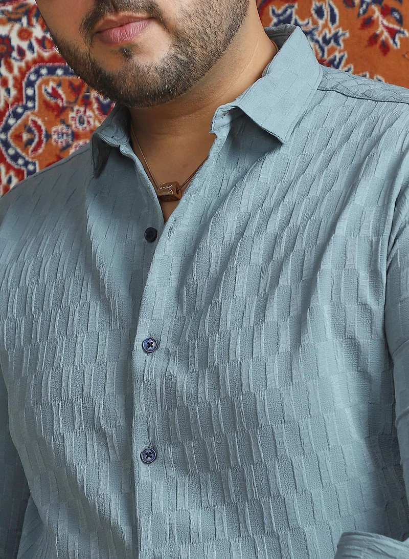 Instafab Plus Instafab Plus Men's Steel Blue Obelisk -Tactile Shirt For Casual Wear | Spread Collar | Long Cuffed Sleeves | Button Closure | Plus Size Shirt Crafted With Comfort Fit For Everyday Wear