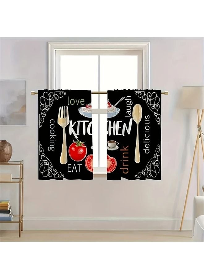 2Pcs Black Background Knife And Fork 2D Print No Drill Blackout Kitchen Curtains 27.56x39.37 Inch - Image 1