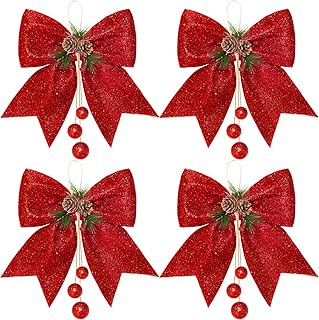 Whaline 4pcs Christmas Bow, Red Wreaths Bows, Christmas Tree Bow Glitter, Sequin Bow Ties, Xmas Decorative Bows for - Image 1