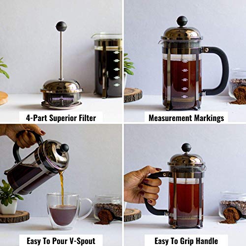 InstaCuppa French Press Coffee Maker with 4 Part Superior Filtration 600 ML, Stainless Steel, (Black) - Image 4