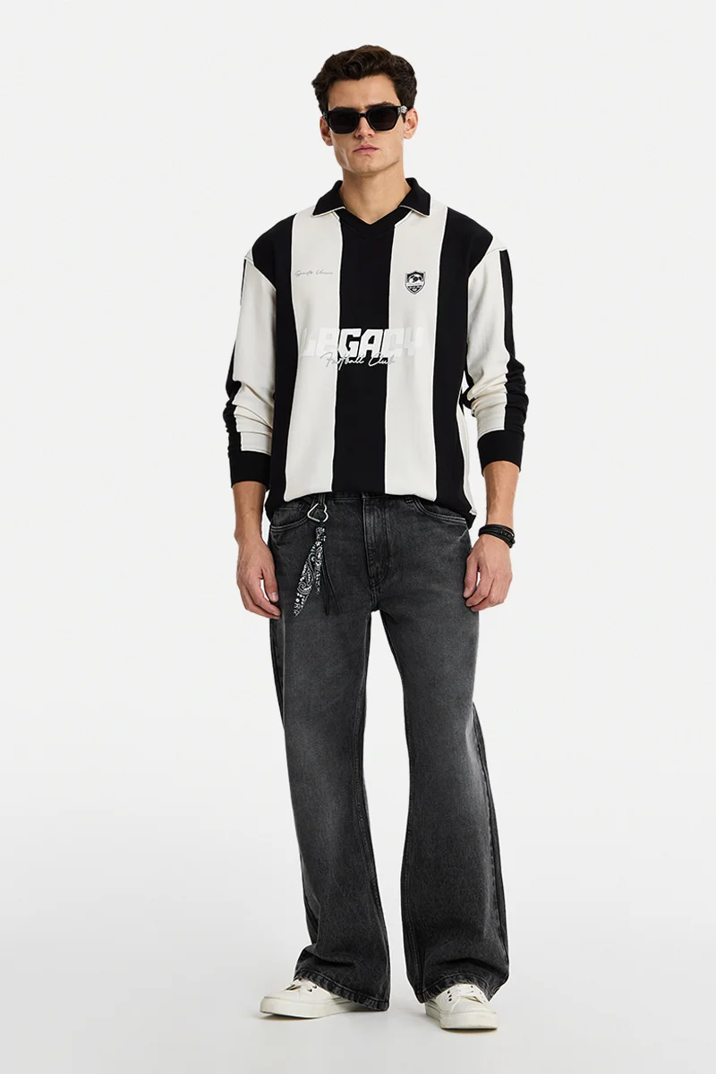 SNITCH Charcoal Grey Textured Flared Fit Jeans