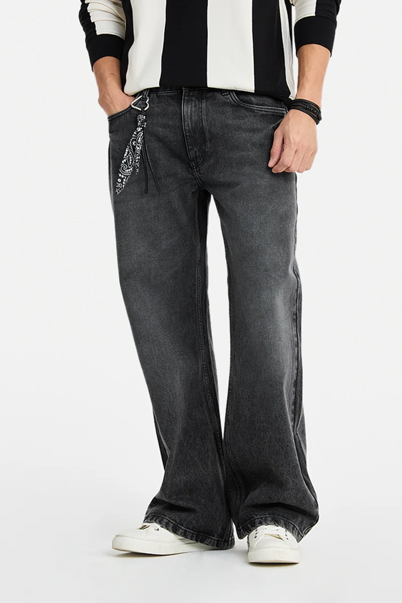 SNITCH Charcoal Grey Textured Flared Fit Jeans