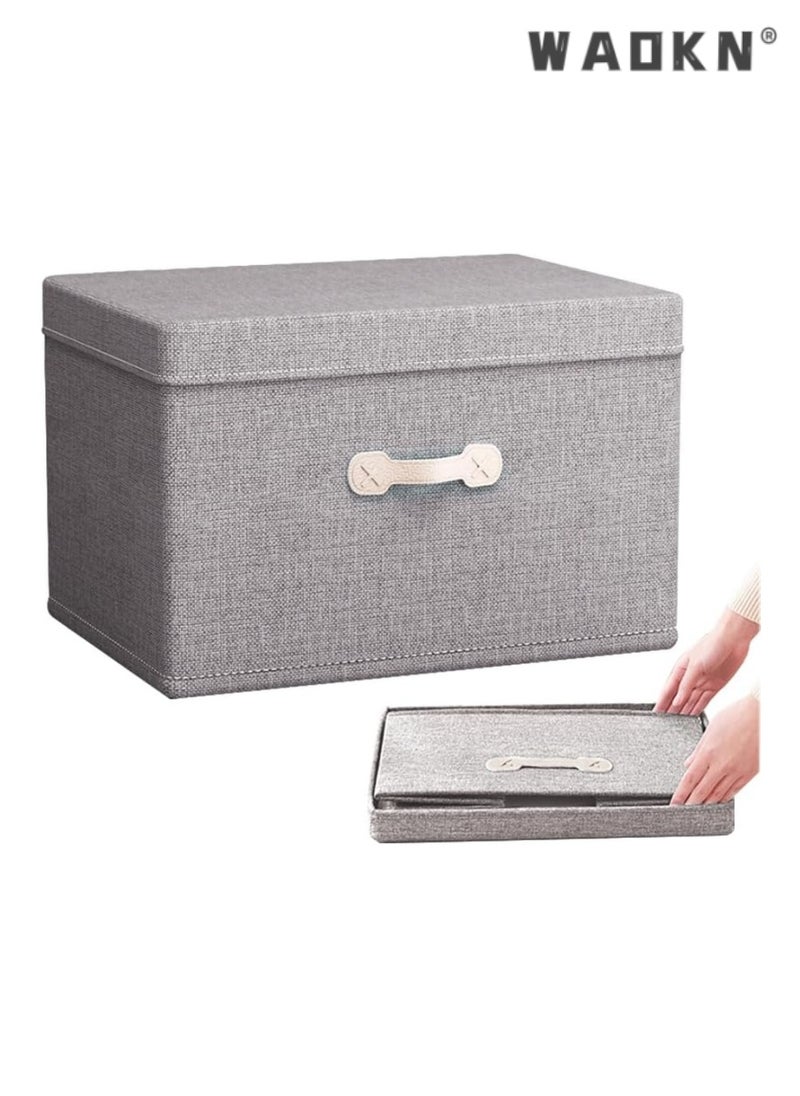 WAOKN Storage Bins with Lids,Large Collapsible Foldable Linen Fabric Storage Boxes with Two Handles,Bamboo Charcoal ash Organizer Containers Basket Cube for Bedroom,Closet,Office & Nursery  - Image 1