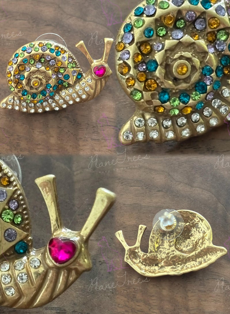 PLANE TREES Colorful Snail Stud Earrings – Playful Gold Finish with Multicolor Crystals – Cute and Quirky Jewelry for Women - Image 2