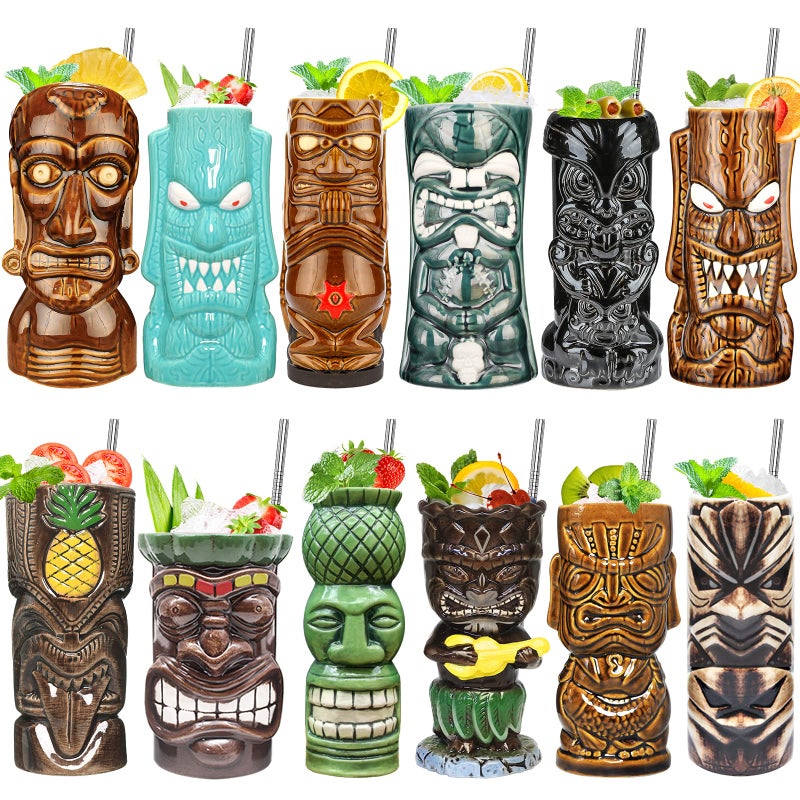 SuproBarware Tiki Mugs Set of 12 Ceramic Tiki Mugs for Hawaiian PartyCreative Tiki Mug Set for Cocktails Glasses Tiki Drinking Bar Decorations Premium Tropical Cups Drinks for Exotic Party 12PCS