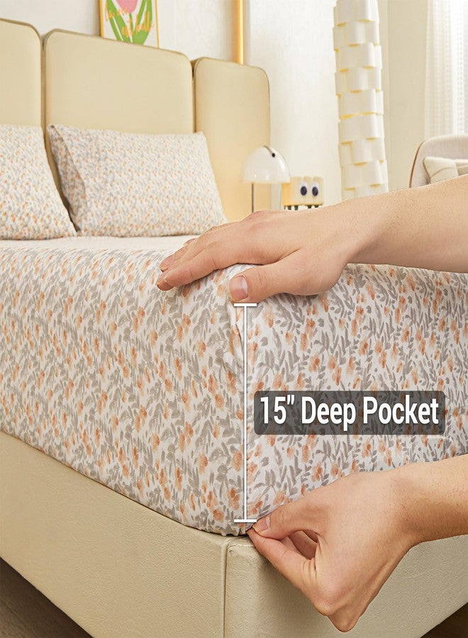 Viviland Floral Full Sheet Set - 4 Piece Vintage Light Orange Flower Patterned Bed Sheets - Soft, Breathable Microfiber Sheets with Deep Pocket, Non-Slip Fitted Sheets & Pillowcases - Image 3