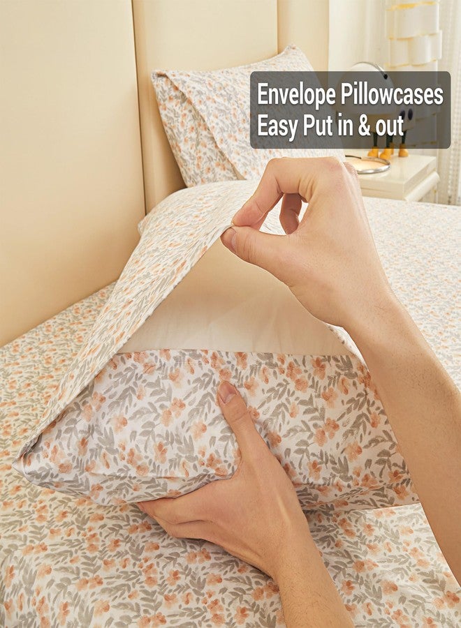 Viviland Floral Full Sheet Set - 4 Piece Vintage Light Orange Flower Patterned Bed Sheets - Soft, Breathable Microfiber Sheets with Deep Pocket, Non-Slip Fitted Sheets & Pillowcases - Image 5