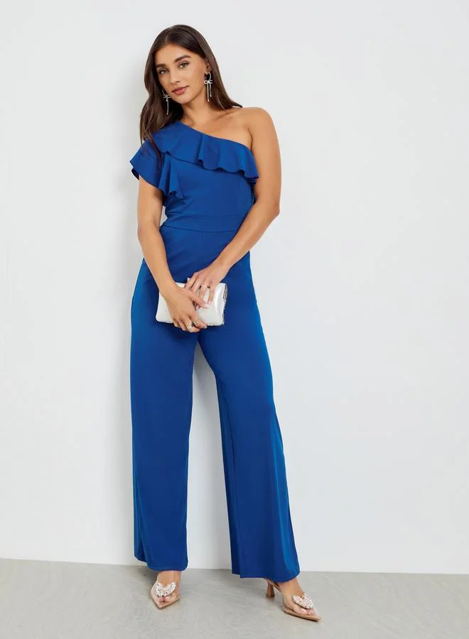 Blue One Shoulder Ruffled Wide Leg Jumpsuit