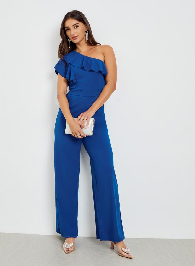 Styli Blue One Shoulder Ruffled Wide Leg Jumpsuit - Image 1