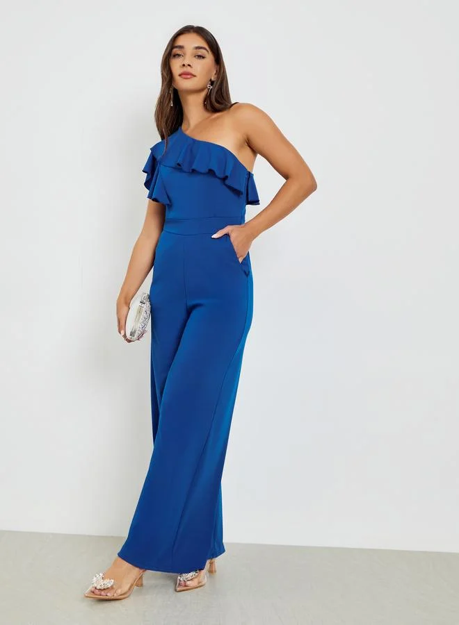 Styli  Blue One Shoulder Ruffled Wide Leg Jumpsuit for Women | Best Price UAE