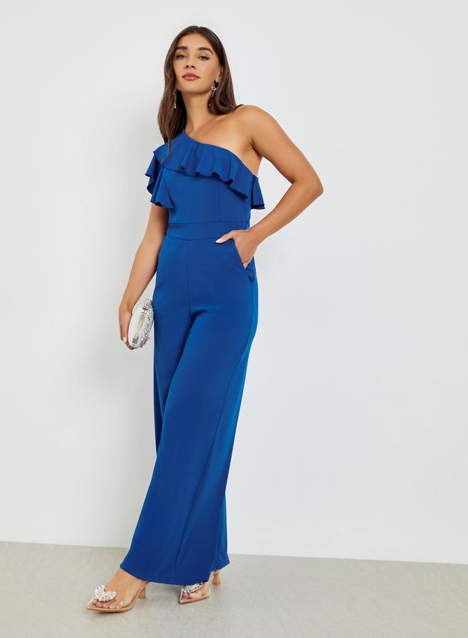 Styli Blue One Shoulder Ruffled Wide Leg Jumpsuit - Image 3