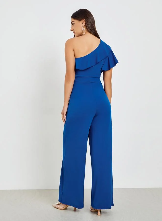 Styli  Blue One Shoulder Ruffled Wide Leg Jumpsuit for Women | Best Price UAE