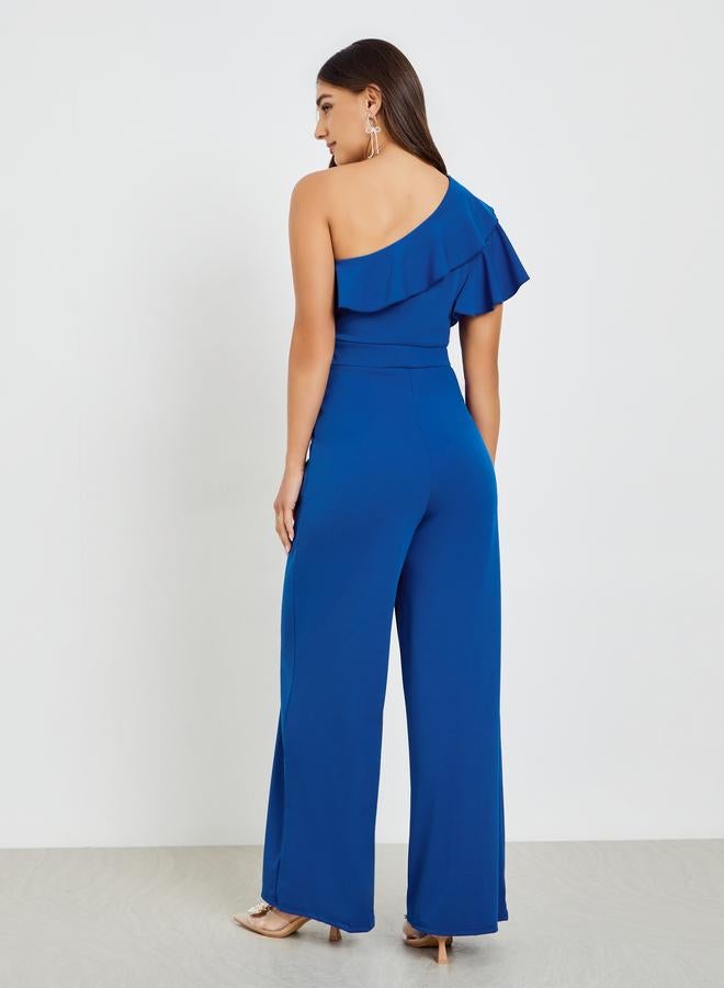 Styli Blue One Shoulder Ruffled Wide Leg Jumpsuit - Image 5