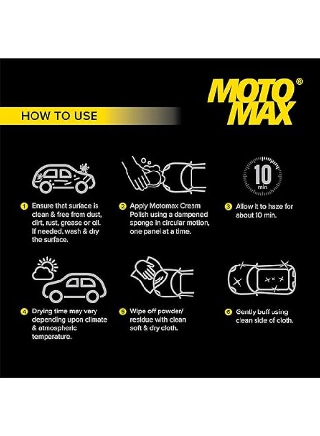 Motomax Bike & Car Cream Polish 230gm | Carnuba Wax & Micro Polishing Agents with Sponge. Protects & Shines Cars, Bike, Motorcycle, Water Repellent Polish for Auto Care needs, Removes Minor scratches - Image 2