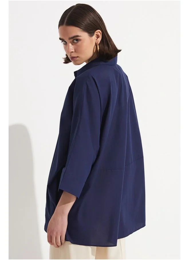 جون June Exclusive Loose Fit Cotton Shirt Navy