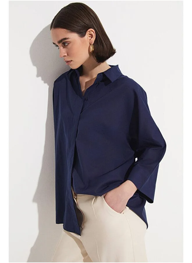 جون June Exclusive Loose Fit Cotton Shirt Navy