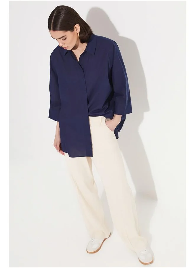 جون June Exclusive Loose Fit Cotton Shirt Navy