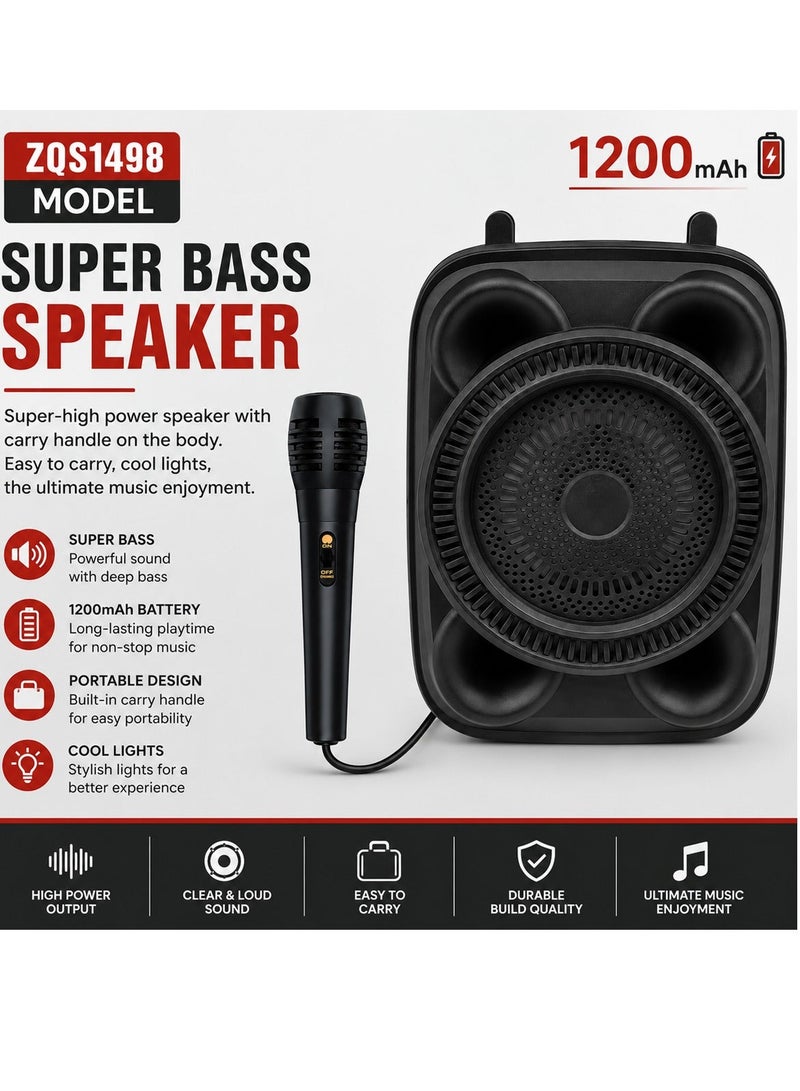 ZQS1498 Portable Wireless Karaoke Bluetooth Speaker with Microphone, 8W 4 Inch Super Bass Sound System, RGB LED Light, USB TF FM Audio Player, 1200mAh Battery, Carry Handle, Outdoor Party Home Travel Rechargeable Music Speaker Stereo Portable H - Image 3