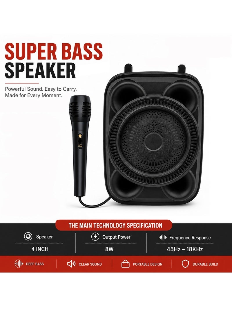 ZQS1498 Portable Wireless Karaoke Bluetooth Speaker with Microphone, 8W 4 Inch Super Bass Sound System, RGB LED Light, USB TF FM Audio Player, 1200mAh Battery, Carry Handle, Outdoor Party Home Travel Rechargeable Music Speaker Stereo Portable H - Image 4