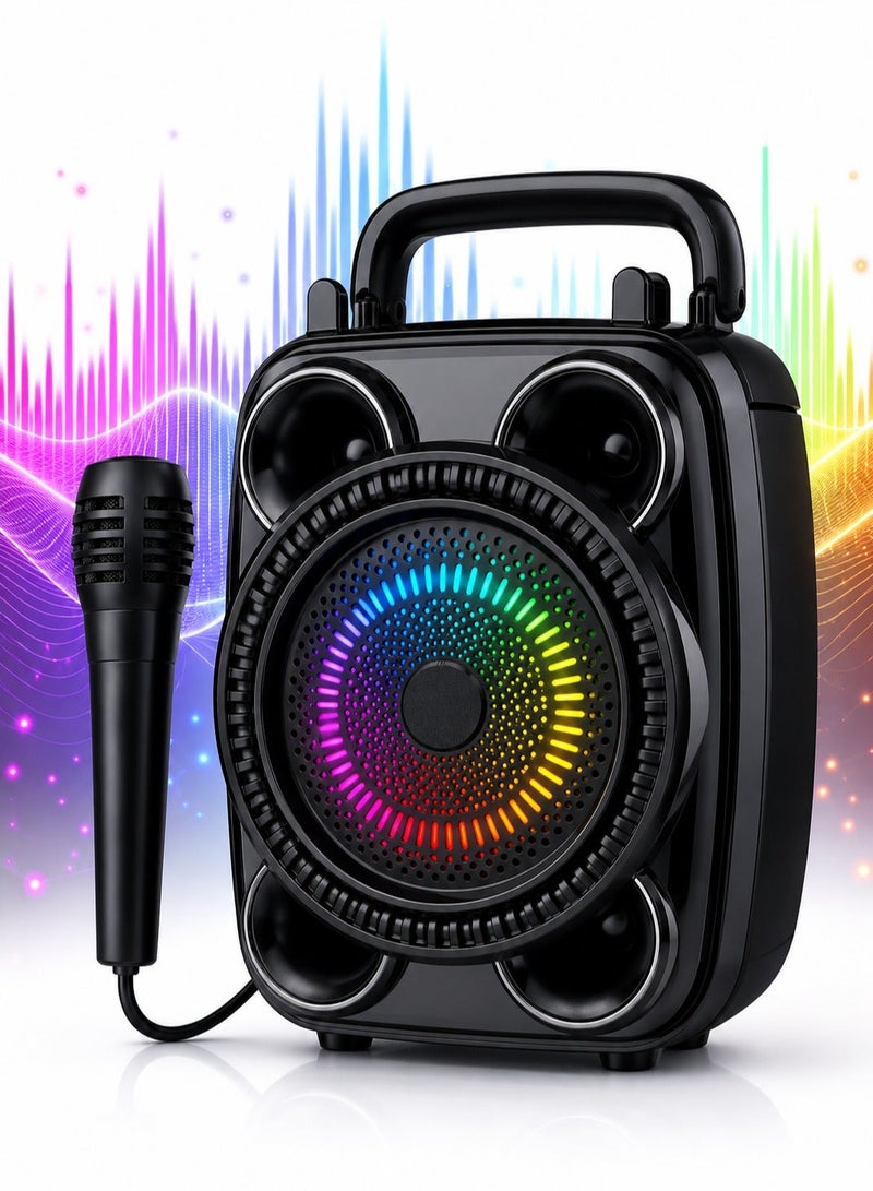 ZQS1498 Portable Wireless Karaoke Bluetooth Speaker with Microphone, 8W 4 Inch Super Bass Sound System, RGB LED Light, USB TF FM Audio Player, 1200mAh Battery, Carry Handle, Outdoor Party Home Travel Rechargeable Music Speaker Stereo Portable H - Image 1