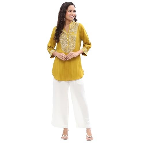 Biba Women'sMustard Yellow Liva Thread Work Straight Kurti_32 - Image 2