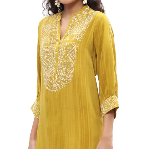 Biba Women'sMustard Yellow Liva Thread Work Straight Kurti_32 - Image 3
