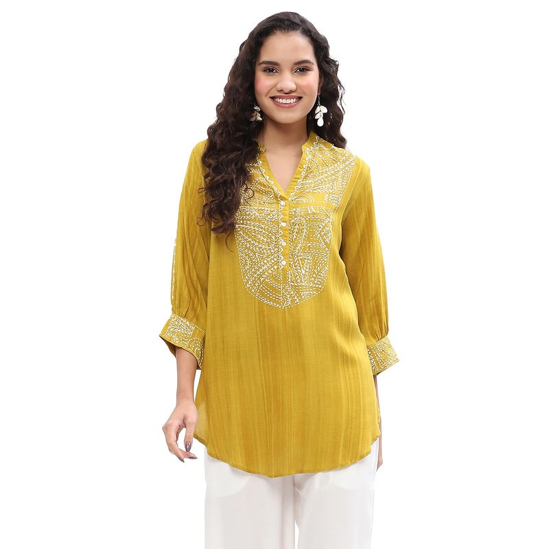 Biba Women'sMustard Yellow Liva Thread Work Straight Kurti_32 - Image 5