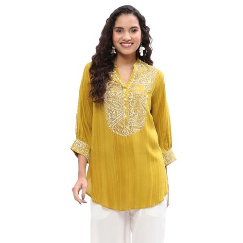 Biba Women'sMustard Yellow Liva Thread Work Straight Kurti_32 - Image 1
