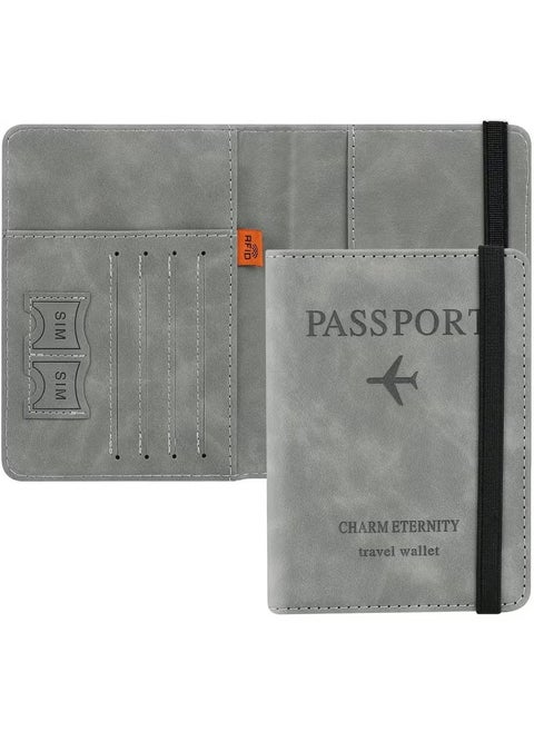 1 passport case wallet case, passport case with RFID shielding, PU leather travel document case, suitable for men's and women's travel accessories (grey)