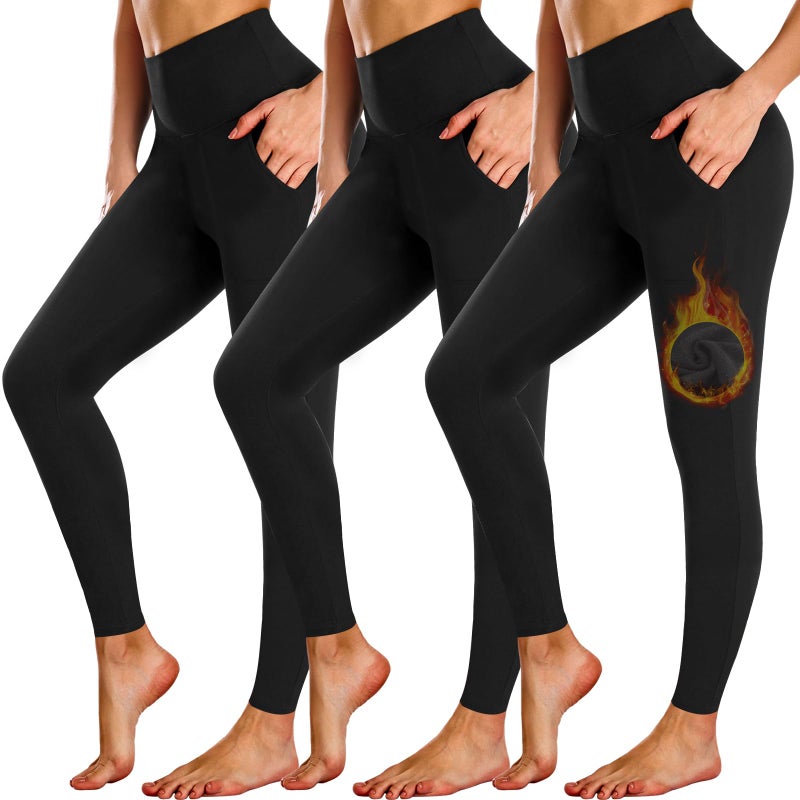 NEW YOUNG 3 Pack Fleece Lined Leggings Women with Pockets,Warm Winter Yoga Pants for Women Winter Clothing Thermal Black Leggings Women Soft High Waist Tummy Control Leggings Womens Fall Clothes - Image 1
