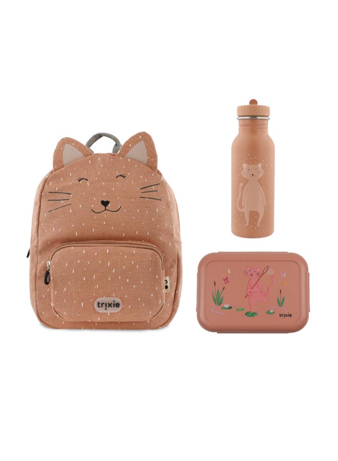 Trixie School Essential Set of 3 - Backpack Regular + Leakproof Lunch Box with Clips + SS Bottle 500ml - Mrs. Cat - Image 1