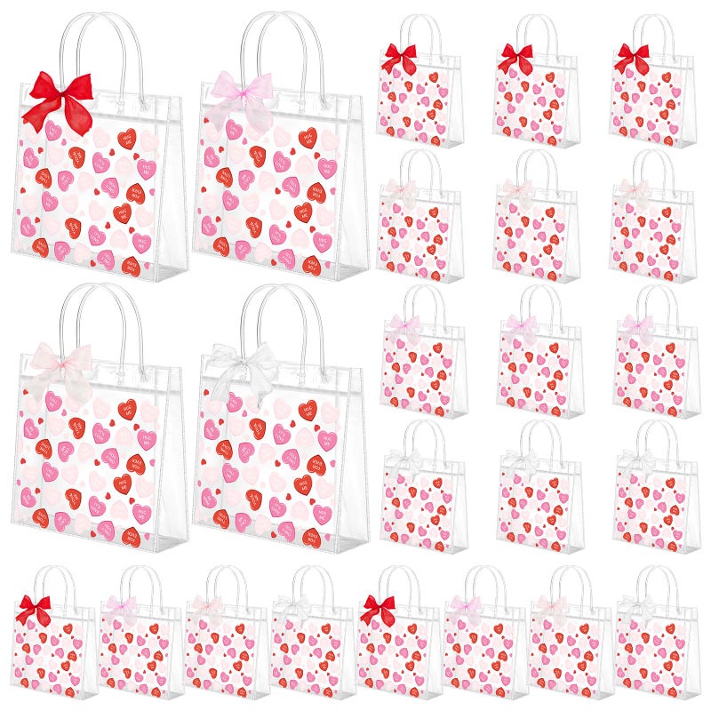 Tinlade 24 Sets Valentines Conversation Heart Gift Bag Valentine Clear Plastic Bag with Handles Candy Bows PVC Treat Goodie Transparent Bags for Galentines Day Birthday Party Supplies - Image 1