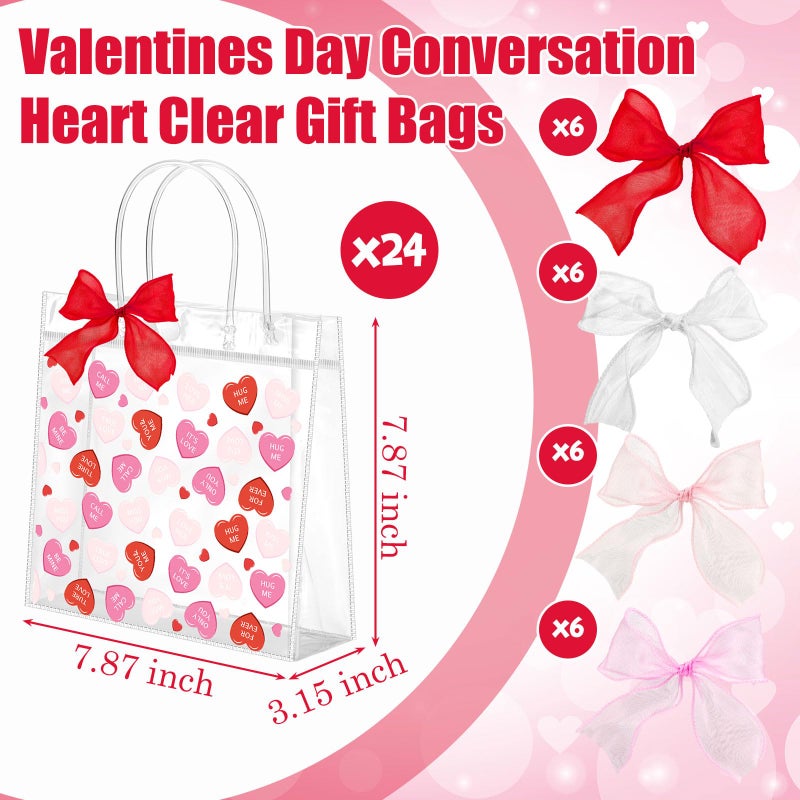 Tinlade 24 Sets Valentines Conversation Heart Gift Bag Valentine Clear Plastic Bag with Handles Candy Bows PVC Treat Goodie Transparent Bags for Galentines Day Birthday Party Supplies - Image 3