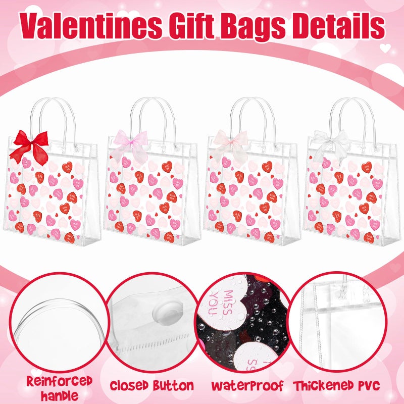Tinlade 24 Sets Valentines Conversation Heart Gift Bag Valentine Clear Plastic Bag with Handles Candy Bows PVC Treat Goodie Transparent Bags for Galentines Day Birthday Party Supplies - Image 2